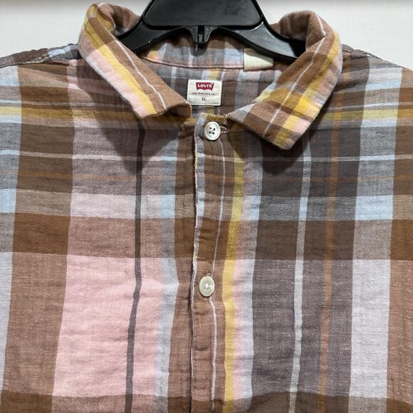 Levis Shirt Mens XL Pink Brown Plaid Short Sleeve Button Up Hemp Blend Casual - Picture 2 of 8